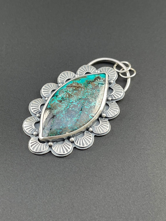 Chrysocolla pendant with stamped accents