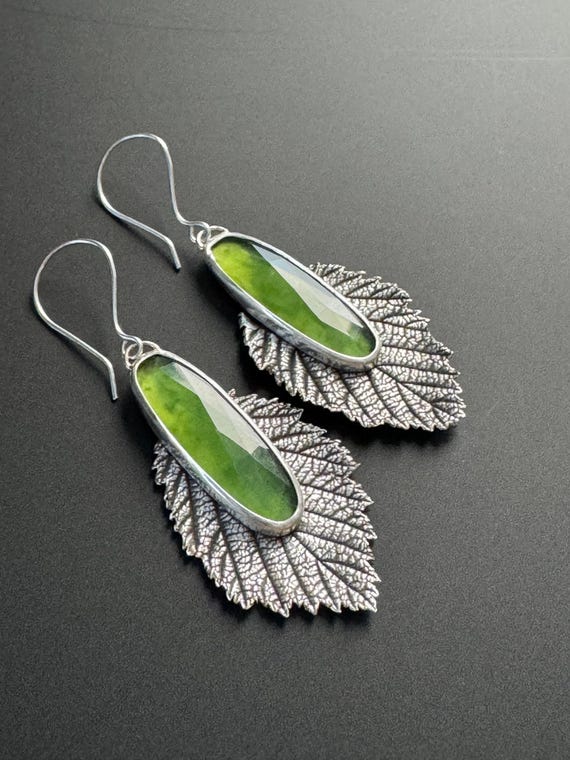 Handmade leaf earrings with green serpentine