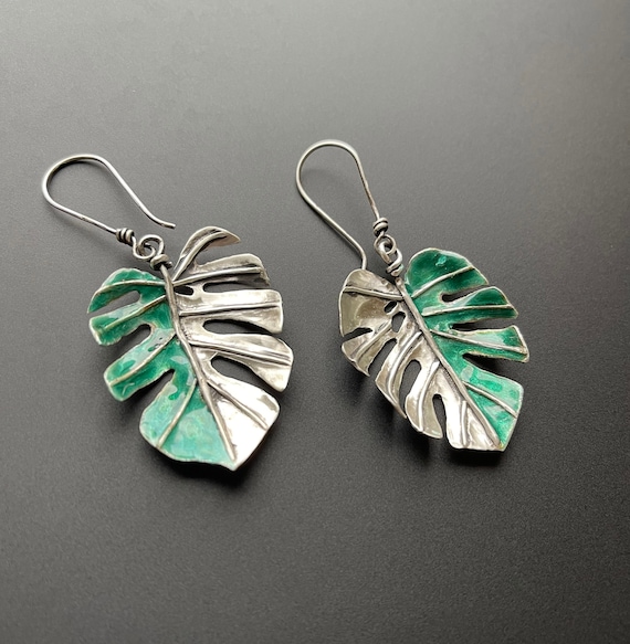 Handmade monstera earrings with enamel