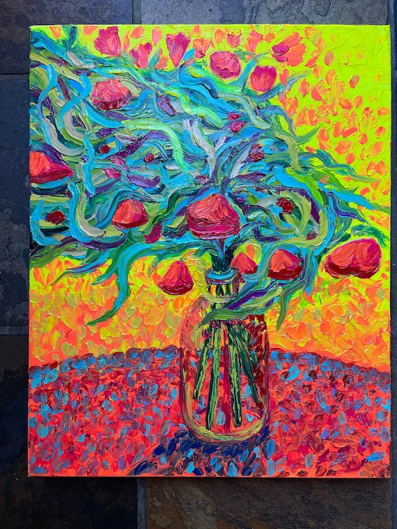 Flowers in vase oil finger painting -  16x20 inch