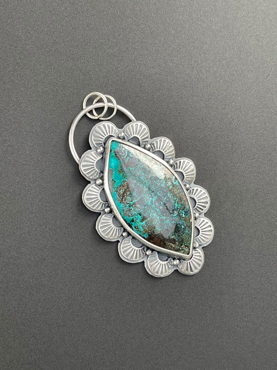 Chrysocolla pendant with stamped accents