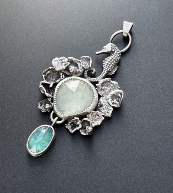Silver Seahorse pendant with aquamarine and kyanite