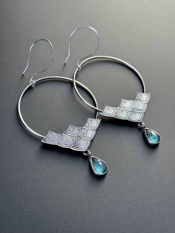 Hoop earrings with stamped design and teal kyanite