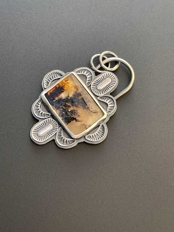 Dendritic agate pendant with stamped accents