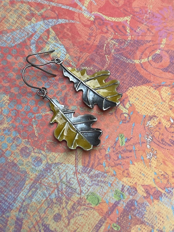 Hand fabricated Oak leaf earrings with enamel