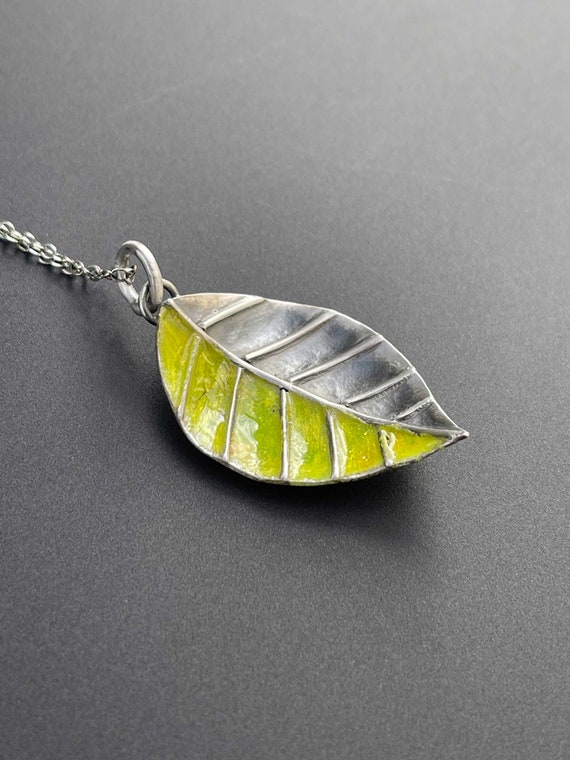 Hand forged leaf necklace with enamel