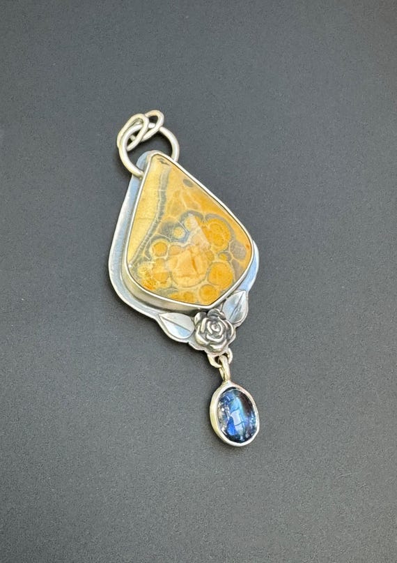 Galaxy Rhyolite and blue kyanite pendant