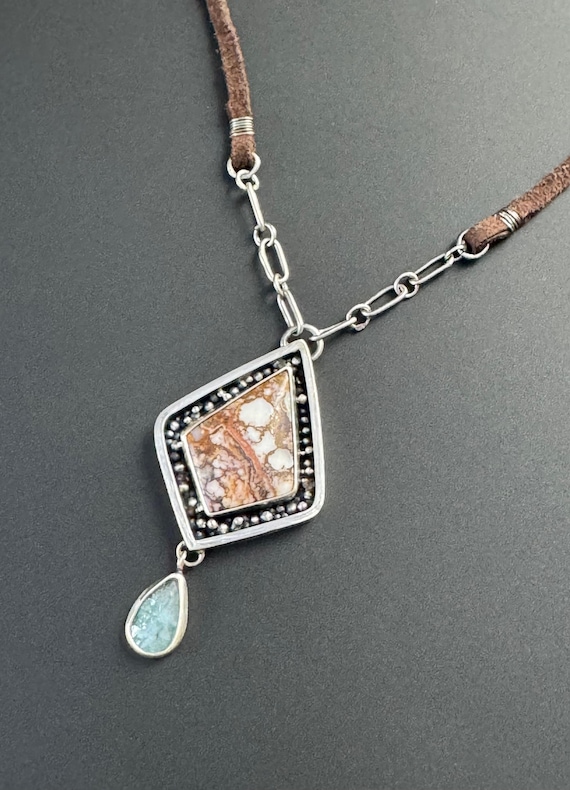 Wild horse magnesite pendant with handmade chain and leather