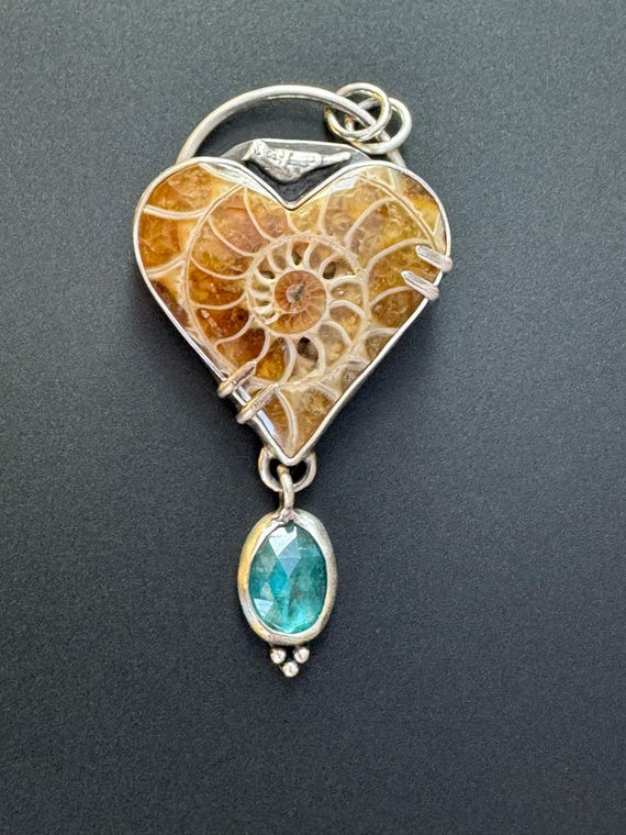 Ammonite fossil healing heart with paraiba kyanite