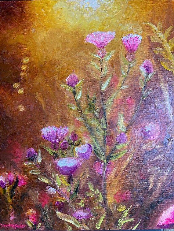 Pink flowers in the sun oil finger painting - 16 x 20 inch