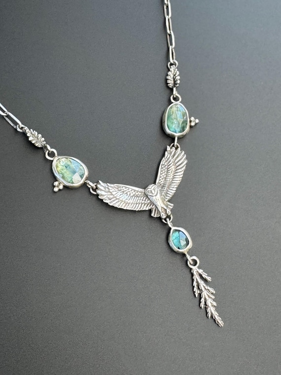 Soaring owl necklace with kyanite & handmade chain