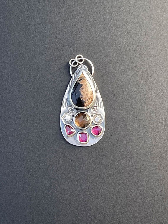 Palm root, smoky quartz and pink tourmaline pendant