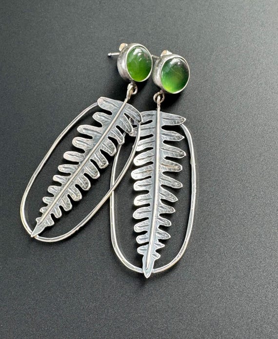 Hand Fabricated fern earrings with green serpentine