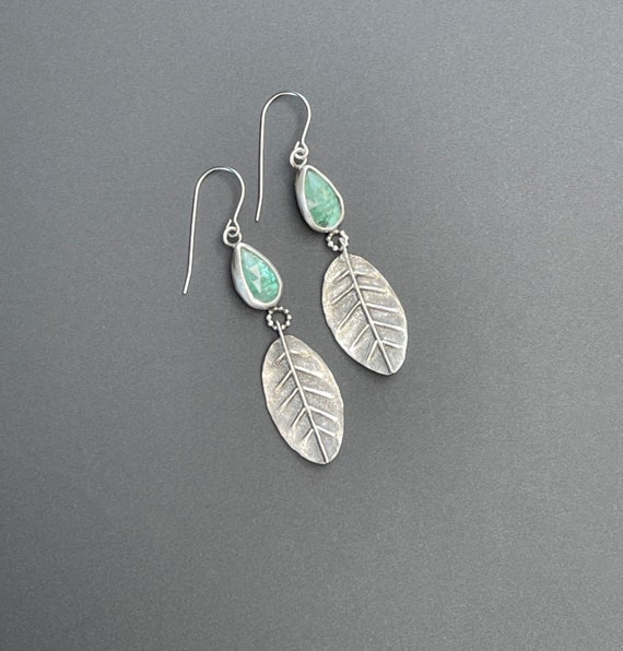 Hand fabricated sage leaf earrings with green kyanite