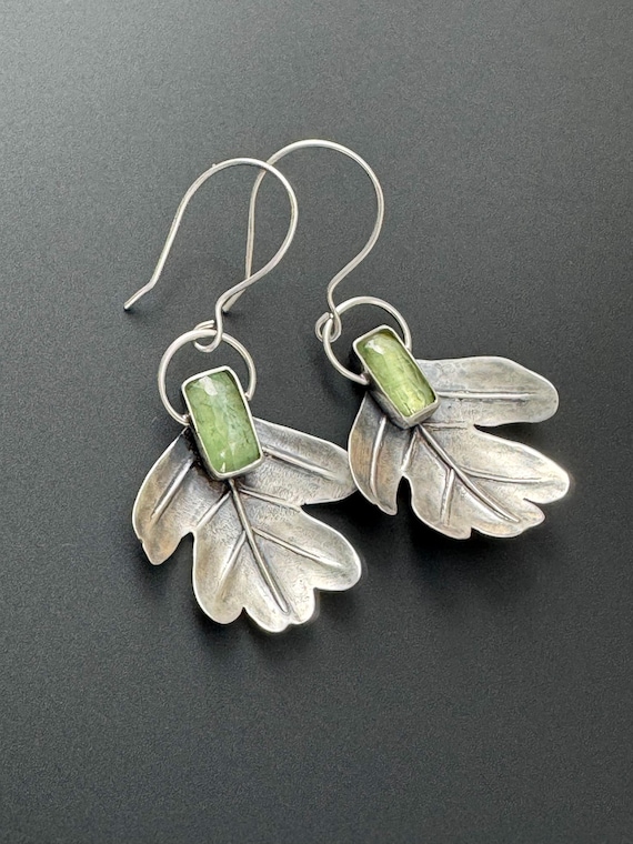Hand Fabricated leaf earrings with green kyanite