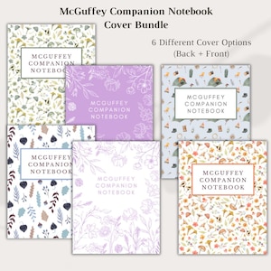 Może przedstawiać: Zestaw sześciu zeszytów z różnymi wzorami okładek. Okładki przedstawiają wzory kwiatowe, sceny kempingowe i ilustracje botaniczne. Każdy zeszyt ma napis "McGuffey Companion Notebook".