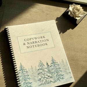 May include: A spiral-bound notebook with the text "COPYWORK & NARRATION NOTEBOOK" in a rectangular frame. The cover features a watercolor illustration of a snowy forest in shades of blue and white. A decorative flower sits nearby.