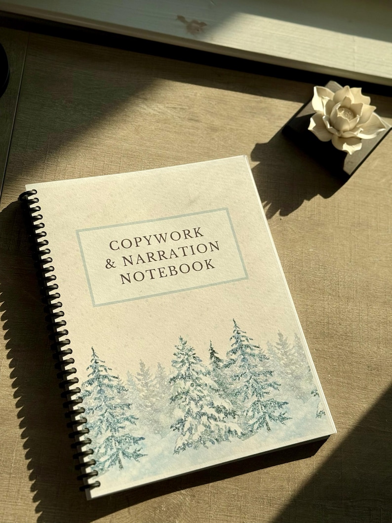 May include: A spiral-bound notebook with the text "COPYWORK & NARRATION NOTEBOOK" in a rectangular frame. The cover features a watercolor illustration of a snowy forest in shades of blue and white. A decorative flower sits nearby.