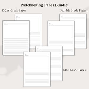 May include: A digital bundle of printable notebooking pages featuring white sheets with black lines. The text reads: Note-booking Pages Bundle!, K-2nd Grade Pages, 3rd-5th Grade Pages, and 6th+ Grade Pages. Each page includes a blank space for a title, date, and subject.