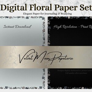 May include: Digital Floral Paper Set with elegant paper for journaling and studying. The design includes a floral border and the text "Instant Download" and "High Resolution - Print Ready". The banner reads "Velvet Moon Papeterie".