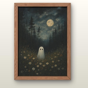 Ghost in Wildflower Meadow Art Print: Whimsical Halloween Decor