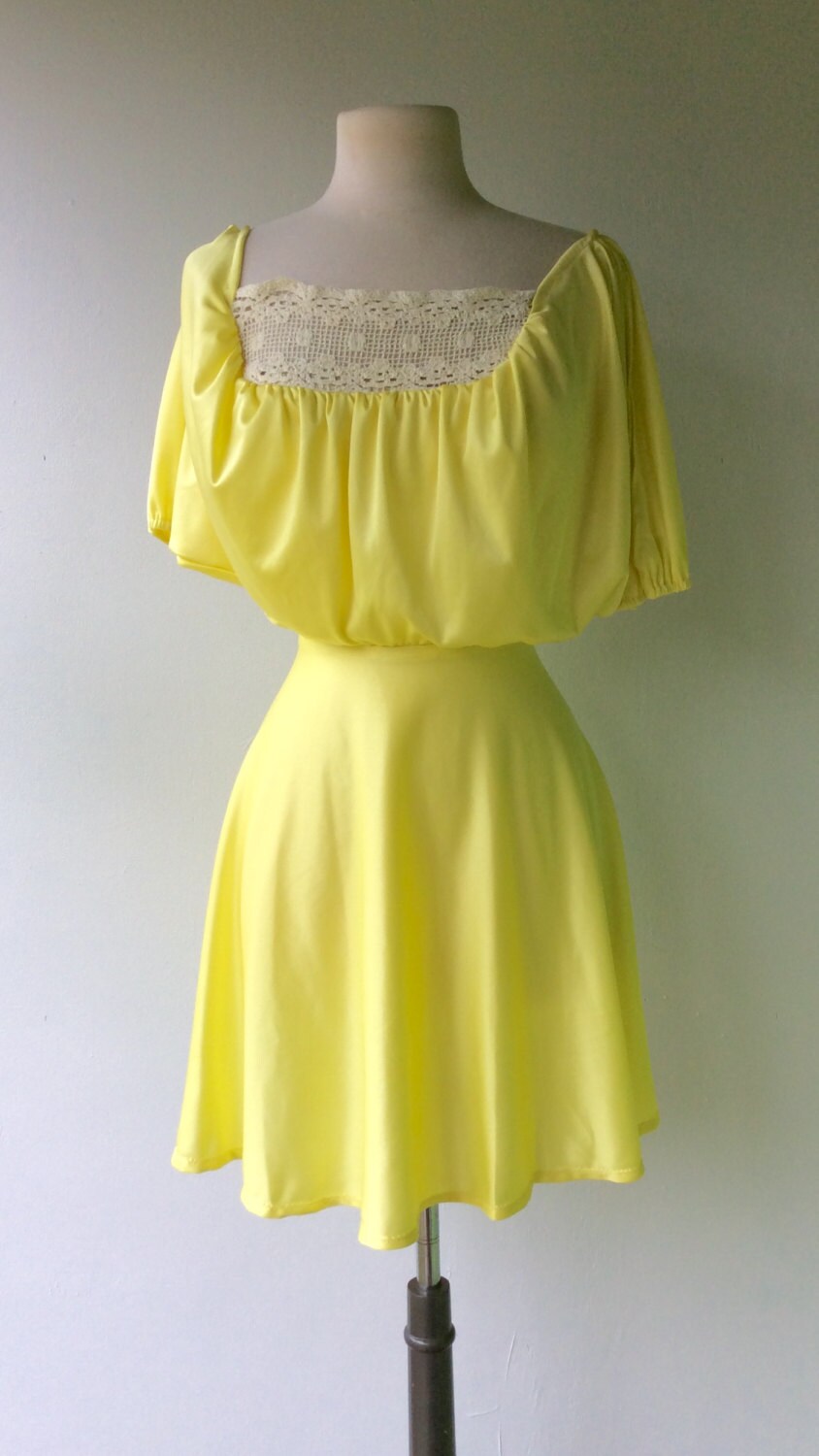 REVIVED Yellow Vintage 1970s Mini Dress with Lace Detail // | Etsy