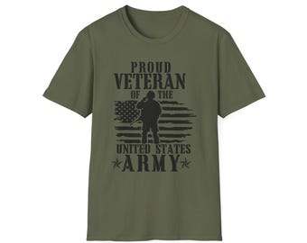 May include: Olive green t-shirt with the text "Proud Veteran of the United States Army." The design features a silhouette of a soldier saluting in front of an American flag.