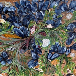 May include: An abstract painting depicting dark blue mussel shells amidst green seaweed and small seashells. The artwork uses a palette of blues, greens, browns, and touches of pink and yellow, creating a textured, naturalistic scene.