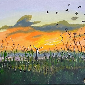 May include: Acrylic painting depicting a sunset over a field of tall grass and wildflowers. The sky transitions from light blue to orange and yellow, with dark clouds and silhouetted birds. A wind turbine is visible.