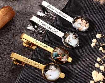 Pinza de corbata personalizada con foto, pasador de corbata personalizado con foto, regalo para papá, regalo de boda para el padre de la novia, opción de grabado - Oro o plata