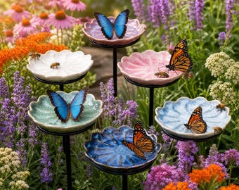 Vaschetta per api in ceramica fatta a mano, stazione di abbeveraggio per impollinatori, paletto da giardino per farfalle, decorazione per giardino fiorito, regalo amico delle api per gli amanti del giardinaggio