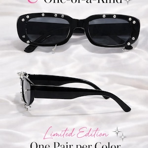 May include: Black sunglasses with a square frame, decorated with small silver studs. The image shows two views of the sunglasses, one from the front and one from the side. The text "Handmade & One-of-a-Kind" and "Limited Edition One Pair per Color" is also visible.