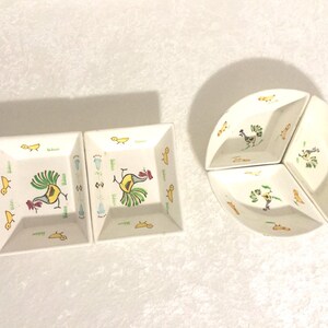 Vintage 60&#39;s Retro Atomic Hand Painted Porcelain  Bowls Dishes Roosters Chicks Condiments Baby Food Japan