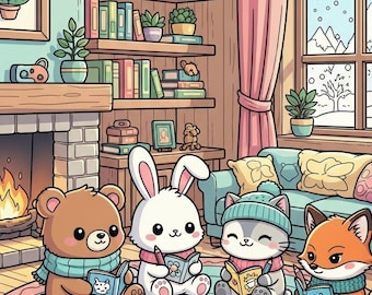 Kawaii Coloring Book, Cozy Animal Room Scenes (50 Pages, PDF)