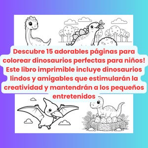 Könnte beinhalten: Ein ausdruckbares Malbuch mit 15 Dinosaurier-Seiten. Die Schwarz-Weiß-Illustrationen zeigen verschiedene freundliche Dinosaurier, die die Kreativität anregen sollen. Der Text lautet: "Entdecke 15 entzückende Seiten zum Ausmalen von Dinosauriern, perfekt für Kinder!"