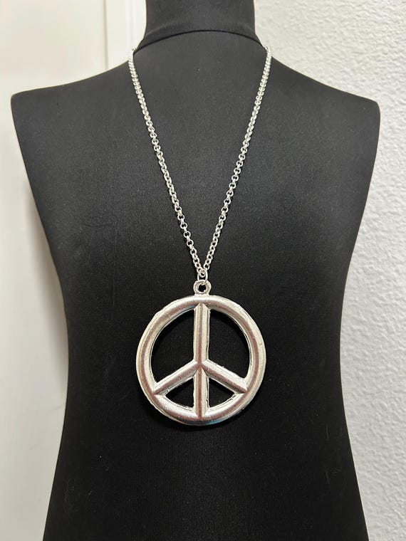 Vintage 1990s Peace Sign Necklace Silver Tone on a 24in. Chain New 