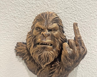 Hand Painted Bigfoot Wall Mount - Rude Sasquatch Middle Finger - Funny Man Cave Wall Decor - Rustic Cryptid Fantasy Bar Home Decor 9x8”