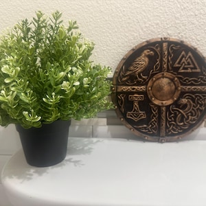 May include: A decorative, round shield with a bronze finish, featuring intricate Viking-inspired designs. The shield displays a bird, a hammer, and other symbols. A potted green plant sits to the left.