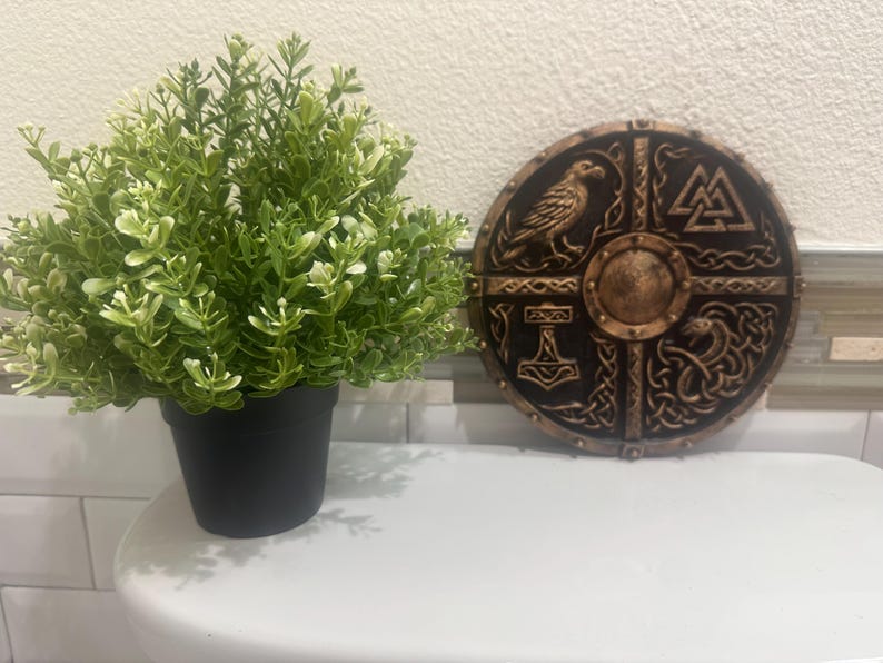 May include: A decorative, round shield with a bronze finish, featuring intricate Viking-inspired designs. The shield displays a bird, a hammer, and other symbols. A potted green plant sits to the left.