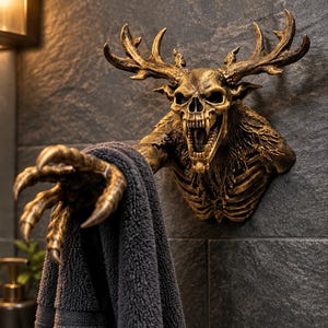 May include: A wall-mounted towel holder shaped like a bronze-colored skeletal creature with deer antlers and a clawed hand reaching forward. The figure features a detailed skull with an open mouth and exposed ribs, holding a dark gray towel.