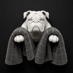 May include: A white bulldog sculpture featuring a detailed facial expression with wrinkled skin and folded ears. The sculpture includes two front paws extended forward, draped with a dark grey, textured, square-patterned towel hanging down.