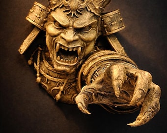 Samurai Oni Demon Wall Mount - Gothic Horror Wall Decor - Japanese Demon Mask with Reaching Hand - Hand Painted Antique Gold 9”