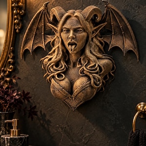 May include: A wall-mounted sculpture of a winged demon figure with horns, long flowing hair, and a bustier top. The figure has a facial expression with the tongue sticking out. The sculpture features a weathered bronze-toned finish with dark detailing.