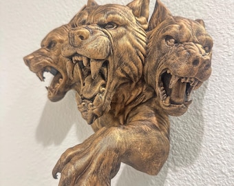 Cerberus Wall Sculpture 9x9x4 Three Headed Dog Wall Art - Mythical Hellhound Wall Mount Hand Painted