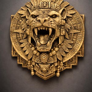 Op de afbeelding: Een gedetailleerde, goudkleurige muursculptuur met een brullend katachtig gezicht met ingewikkelde Azteekse ontwerpen. De sculptuur heeft een cirkelvorm met gedetailleerde gravures van veren, kralen en geometrische patronen. Thema: oude kunst.