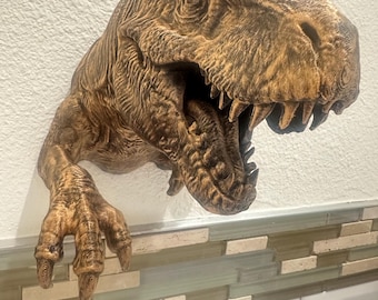 T-Rex Dinosaur Jurassic 8x6x6 3d Hanging Wall Mounted Sculpture Home Decor - Head and Claw - Hand Painted Antique Gold