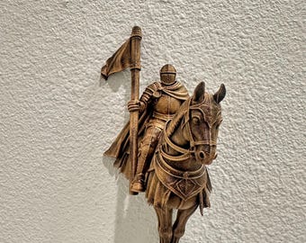 Medieval Knight on Horse Wall Sculpture - Gothic Armor Wall Decor - Fantasy Knight Wall Mount - Hand Painted Antique Gold 9x5x5