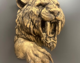 Sabertooth Tiger Wall Sculpture - Smilodin Hanging Wall Mounted Sculpture - Animal Head Art - Fierce Wild Decor - Hand Painted