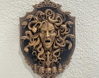 Medusa Wall Mount - Gothic Mythology Wall Decor - Snake Hair Skull Art - Greek Goddess Gorgon Sculpture Hand Painted 9”