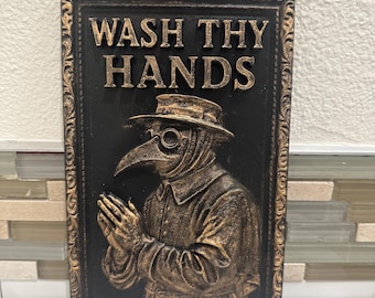 Letrero decorativo de pared para baño con la imagen de un médico de la peste pintado a mano, 23 x 15 cm, con la frase "Lávate las manos". Escultura 3D vintage antigua. Placa de regalo divertida y rústica.